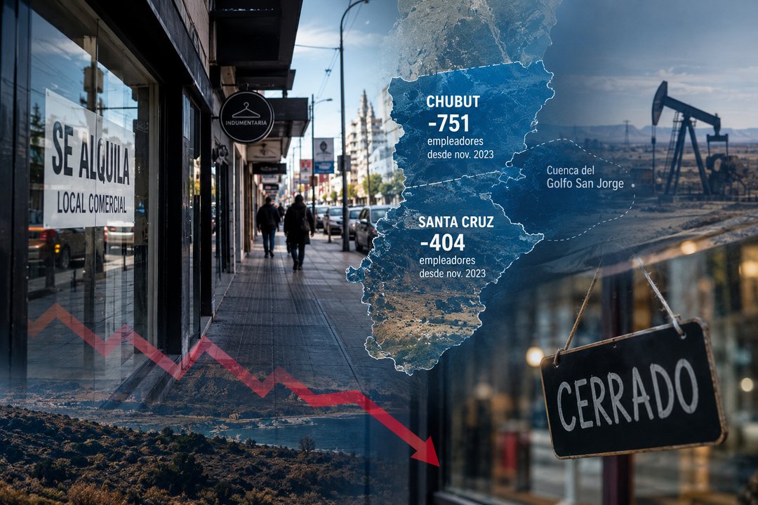 Un mapa de Chubut y Santa Cruz con cifras de empresas empleadoras sobre una vereda con locales comerciales
