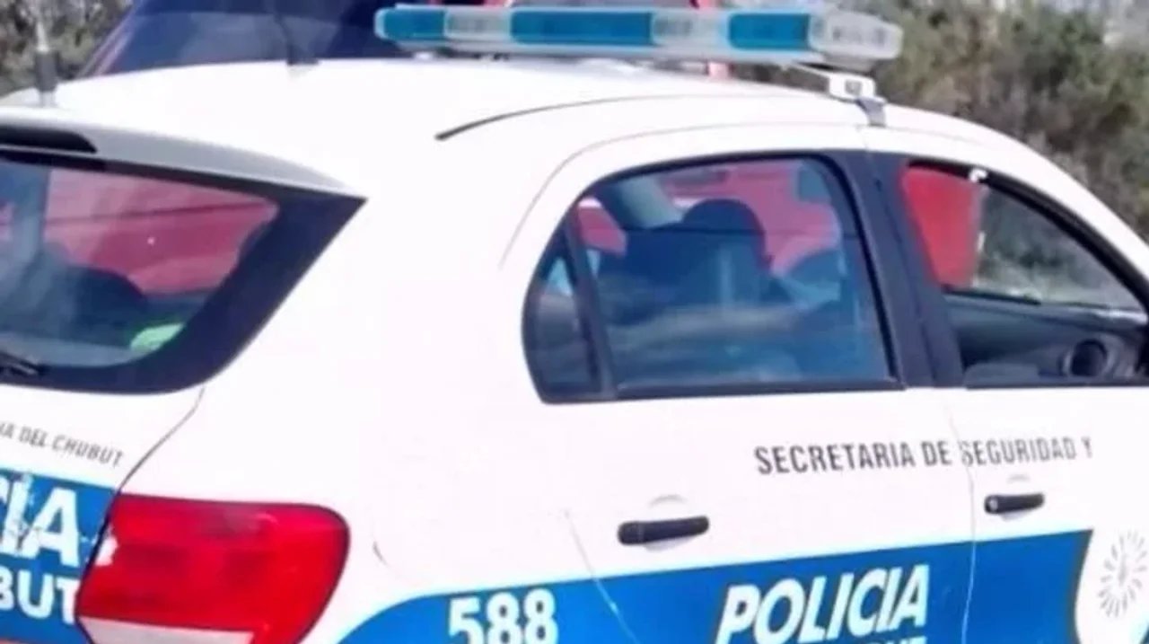 Un vehículo blanco y azul de la Policía con luces encendidas sobre el techo
