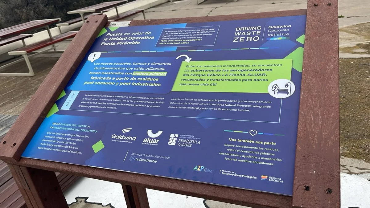 Un cartel de madera sobre la Unidad Operativa Punta Pirámide, junto a bancos de madera en un patio de cemento