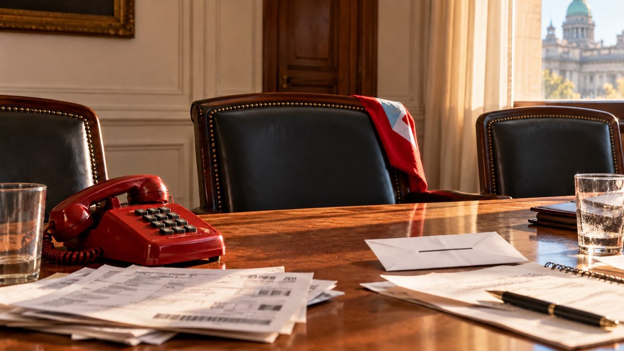 Un teléfono rojo, papeles y un sobre sobre una mesa de madera, con una bandera sobre una silla de cuero