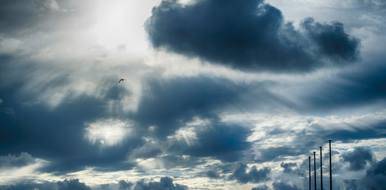 Un cielo cubierto de nubes oscuras con claros de luz, un ave volando a la izquierda y varios postes altos a la derecha