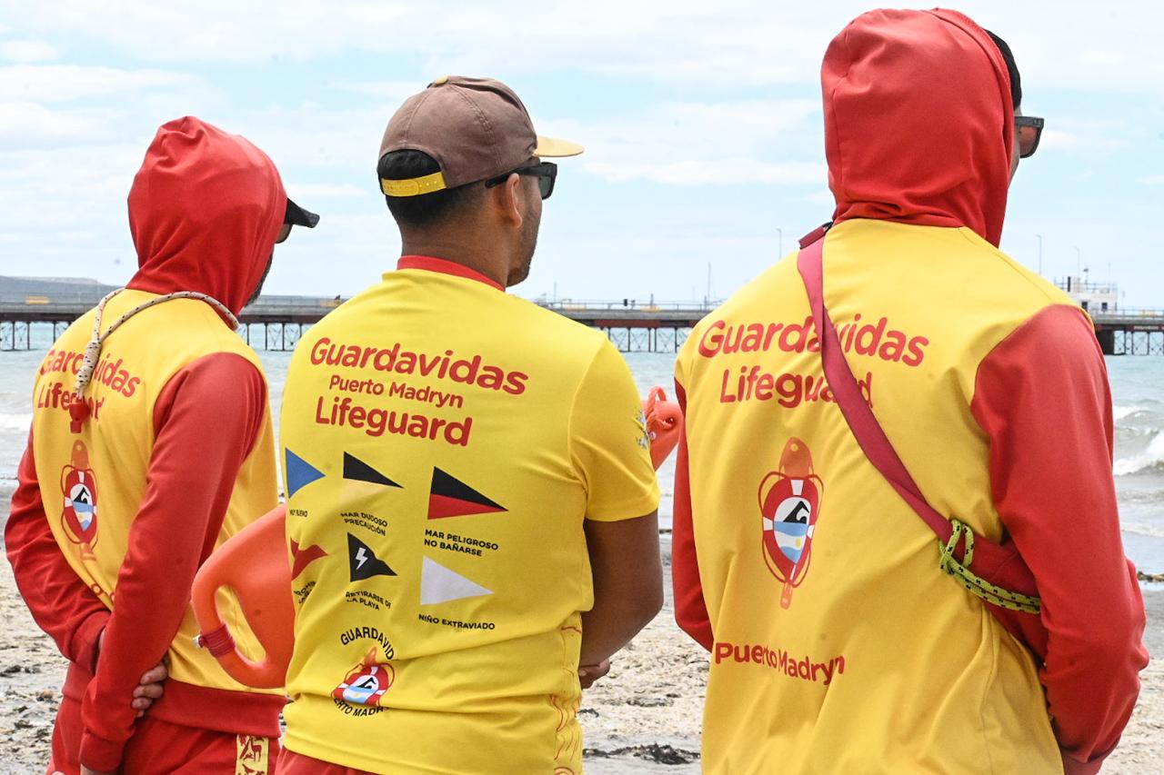 Unos guardavidas de espaldas miran el mar desde la arena, con un muelle al fondo y camisetas amarillas y rojas.
