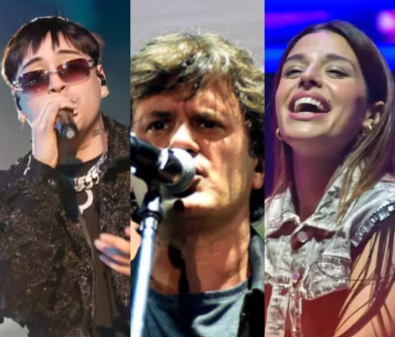 Una persona con lentes oscuros canta, un hombre canta junto a un micrófono y una mujer sonríe en un escenario.