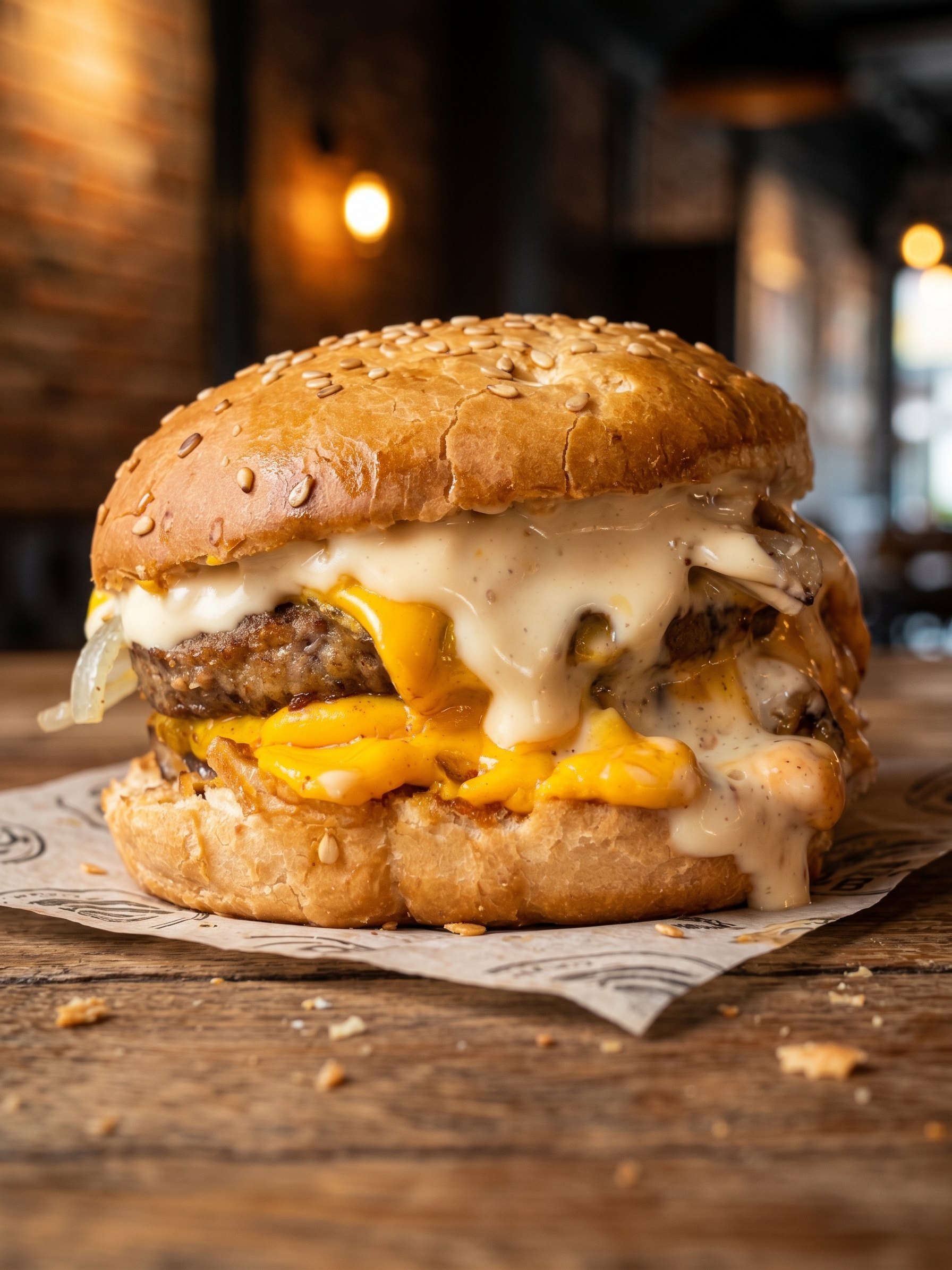 Una hamburguesa con semillas de sésamo, queso cheddar derretido y salsa blanca sobre papel manteca en una mesa de madera