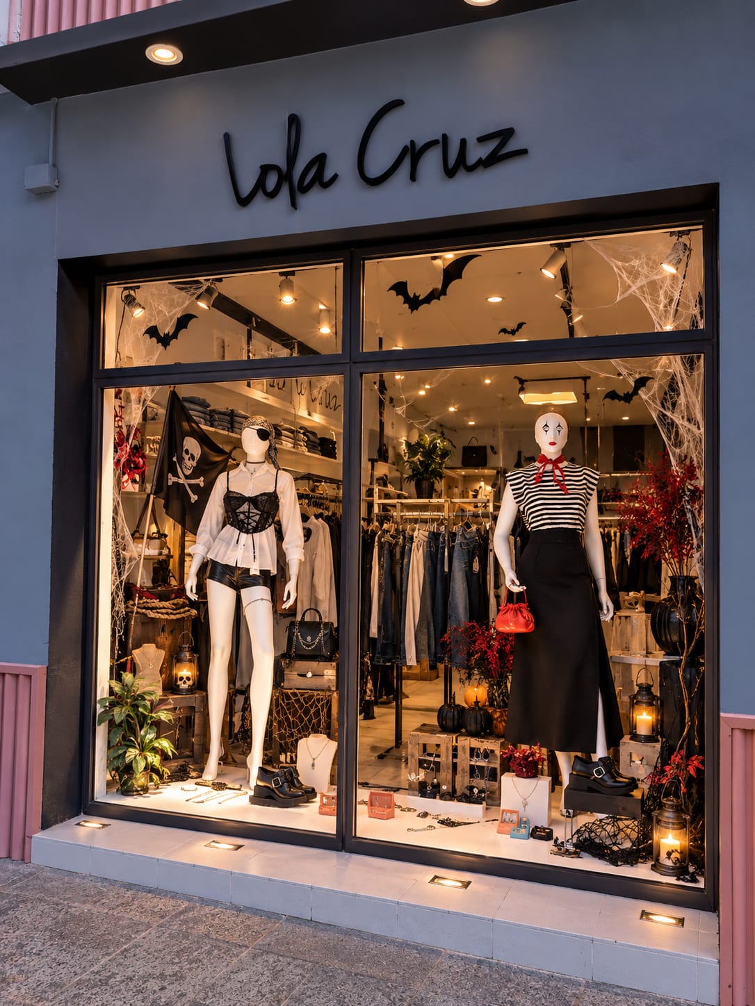 Vista de una vidriera decorada para Halloween, con telarañas, murciélagos y maniquíes vestidos con ropa de estilo